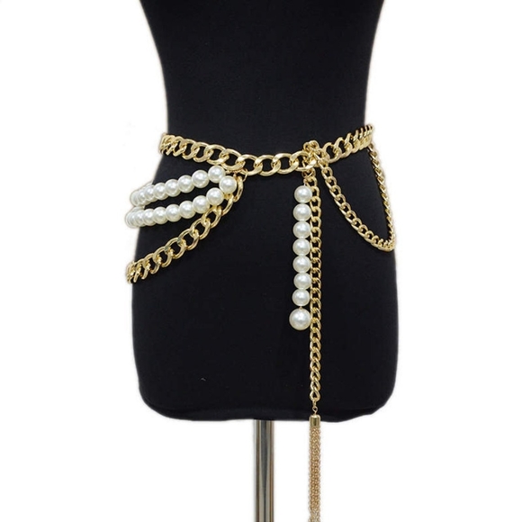 Multi-Layer Thick Chain Pearl Tassel Belt  adjustable to 41 inches (105 cm) - Picture 5 of 6